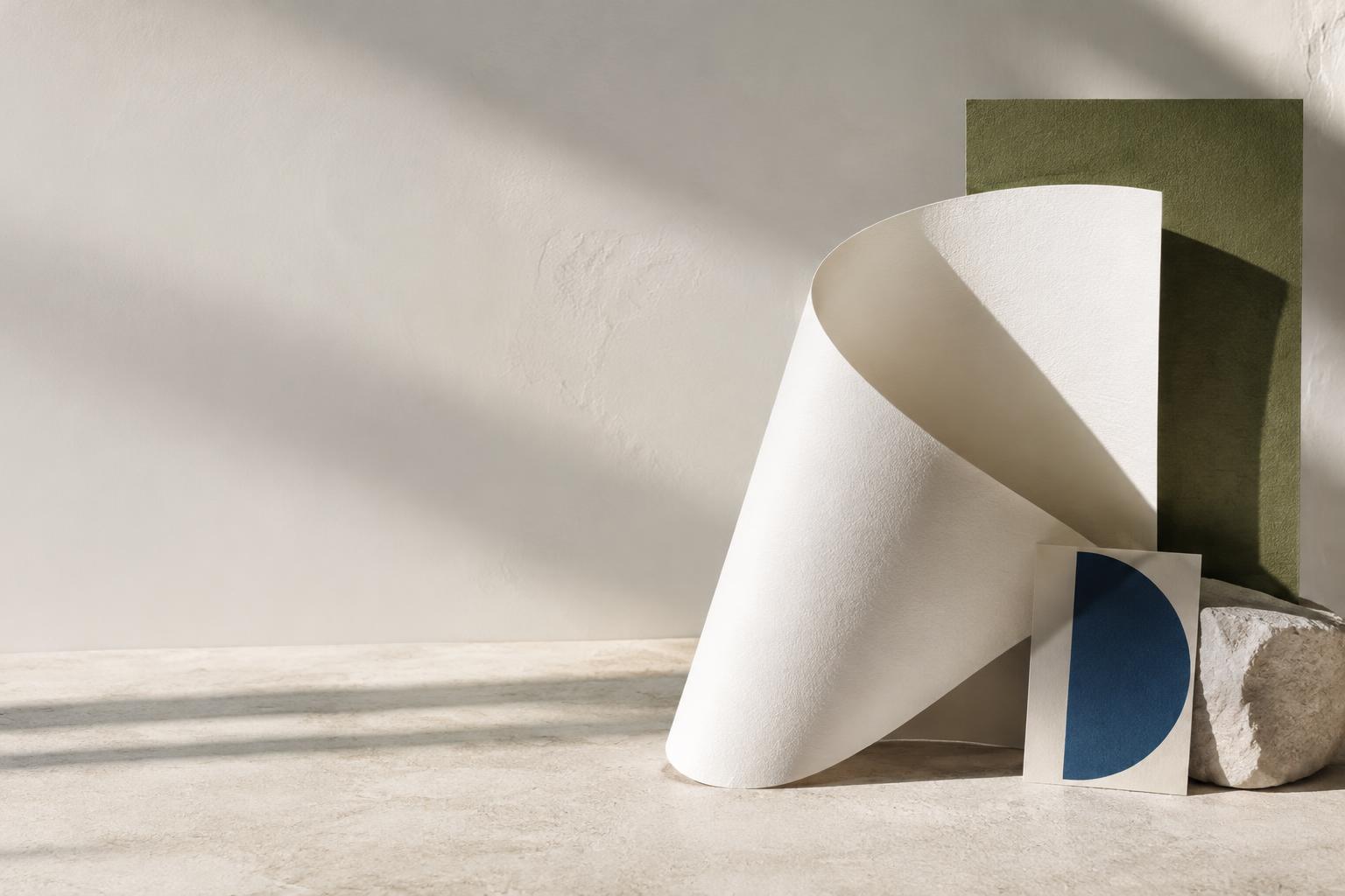 Sculptural sheets of paper and a muted olive accent in a sunlit creative studio.